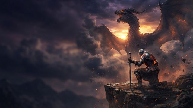 AI-generated gaming thumbnail: a knight kneeling before a giant dragon, headline '1 HP left'