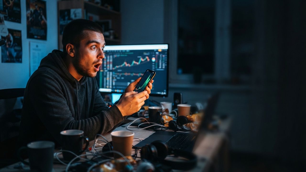 AI-generated thumbnail: a shocked creator looking at a rising chart on his phone, with the headline 'It worked?!'